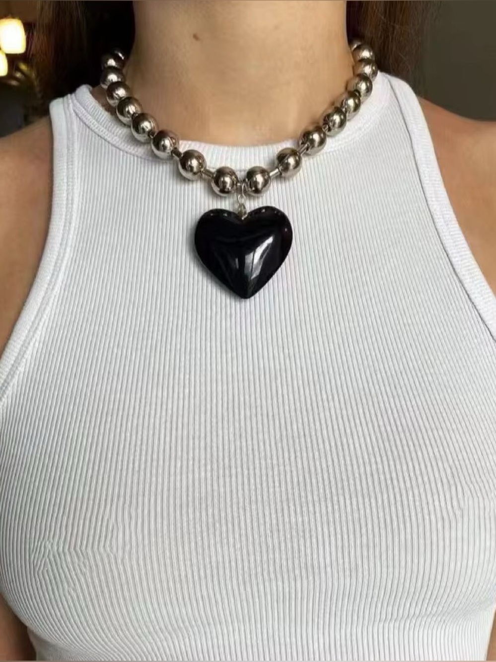 Silver Beaded Necklace with Black Heart Pendant